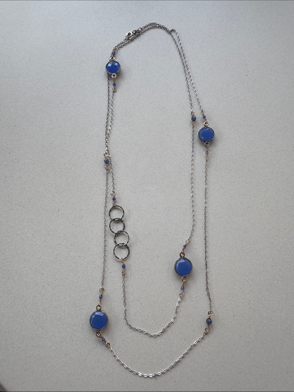 BSI Italy 925 Sterling Silver Blue Station Necklace with Gold Vermeil details